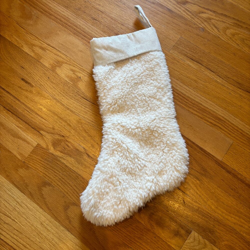 Cozy Cream Faux Fur Christmas Stocking‎ with Linen Cuff – Home Décor 20" - Picture 3 of 3